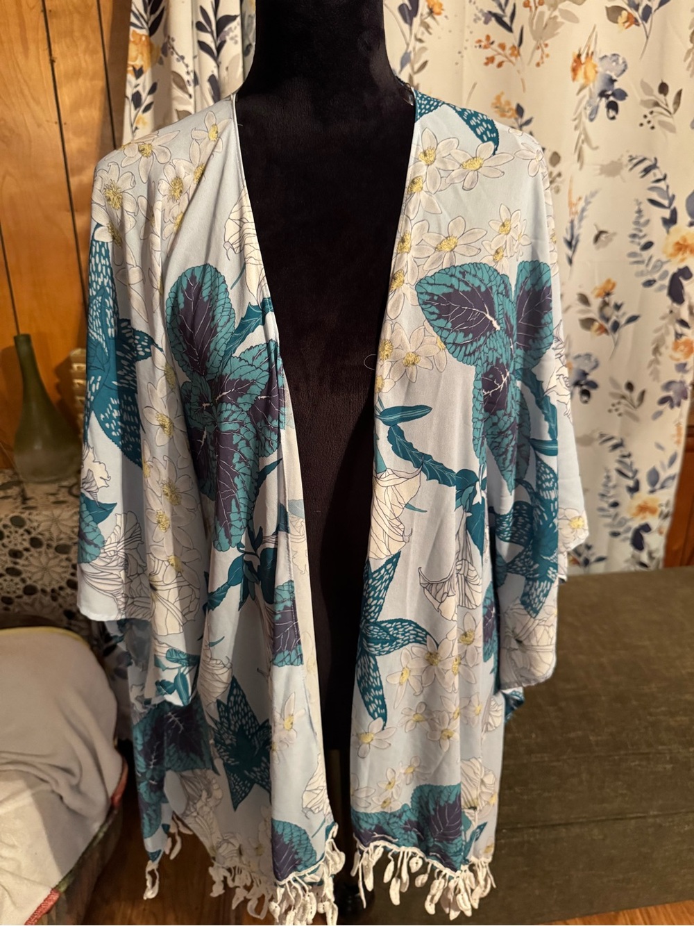 Umgee Light Blue Floral Kimono Cover-Up with Fringe Trim